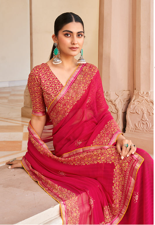 Rani Pink Georgette Printed Festival Desginer Trendy Saree