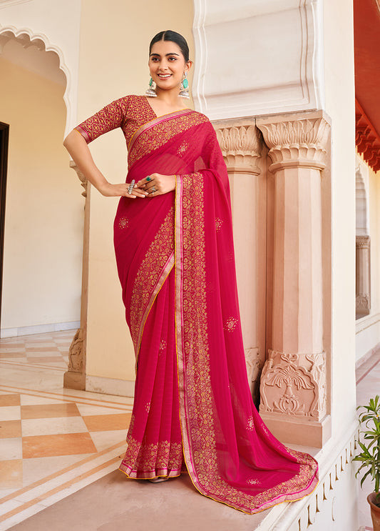 Rani Pink Georgette Printed Festival Desginer Trendy Saree