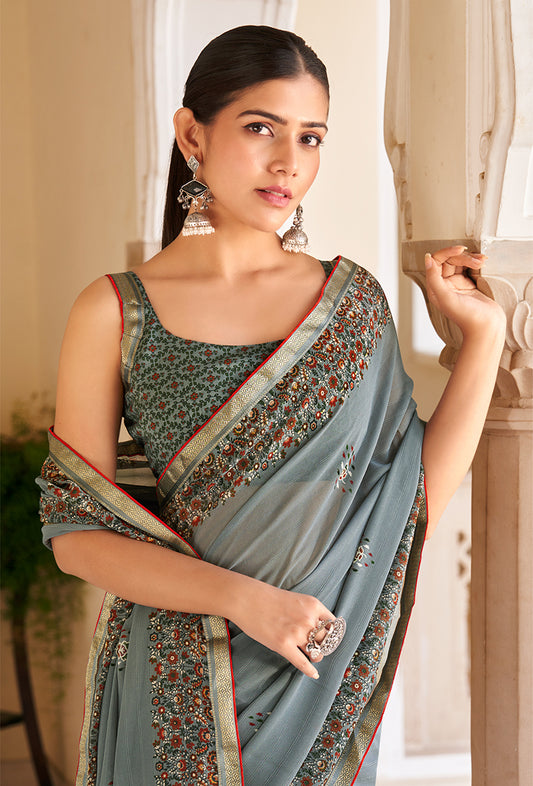 Grey Georgette Printed Festival Desginer Trendy Saree