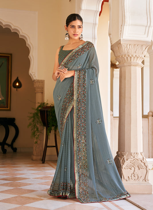 Grey Georgette Printed Festival Desginer Trendy Saree