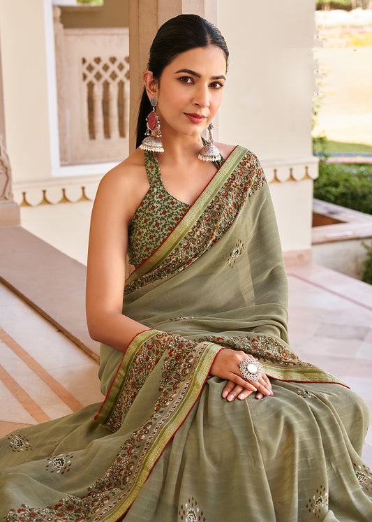 Sage Green Georgette Printed Festival Desginer Trendy Saree