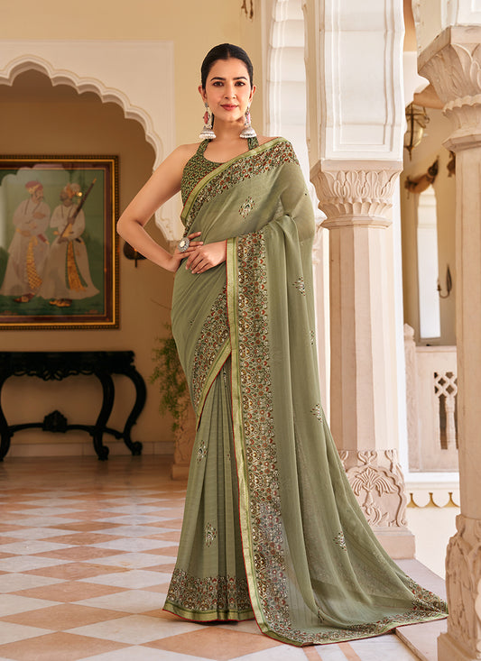Sage Green Georgette Printed Festival Desginer Trendy Saree