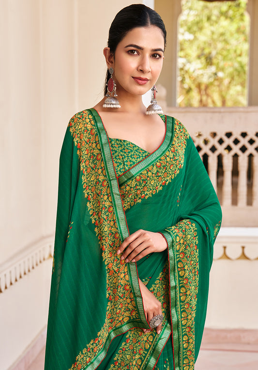 Green Georgette Printed Festival Desginer Trendy Saree