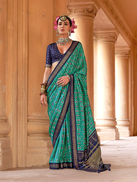 Turquoise Silk Blend Patola Print Classic Saree