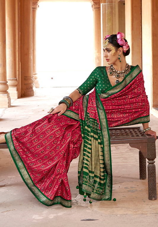 Rani Pink Silk Blend Patola Print Classic Saree