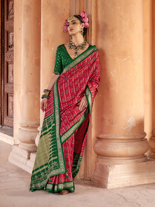 Rani Pink Silk Blend Patola Print Classic Saree