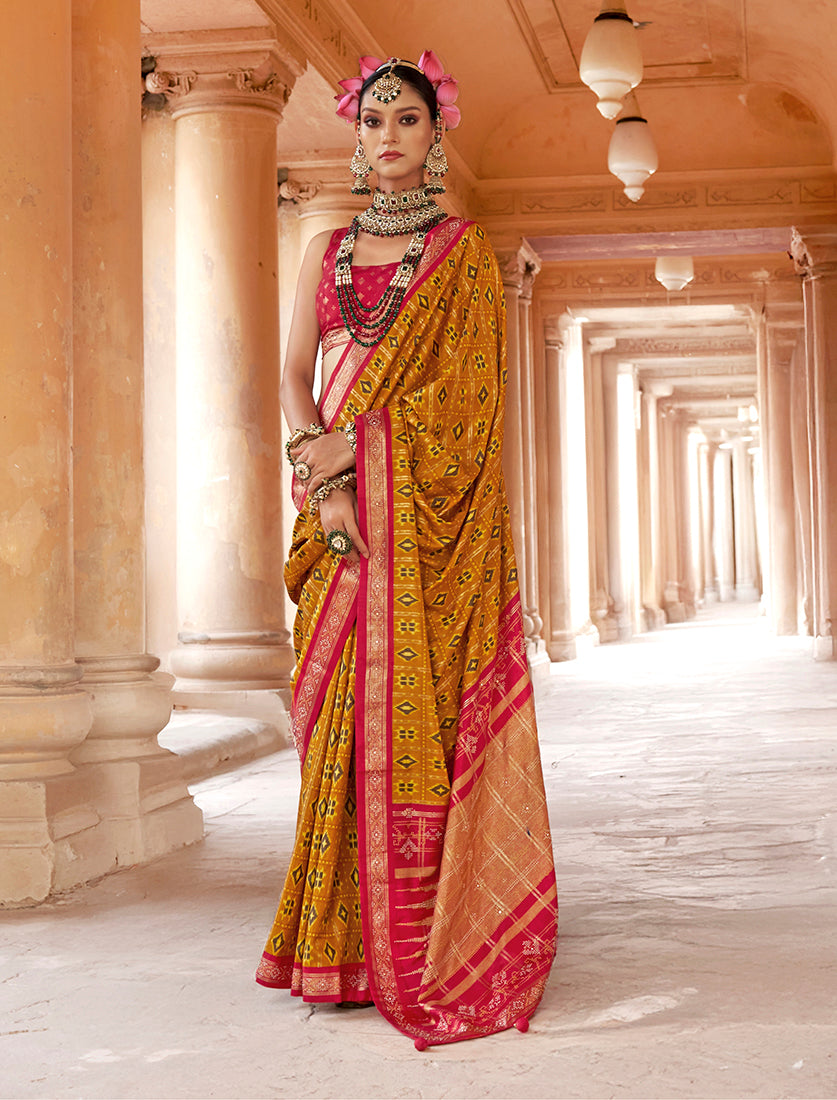 Mustard Silk Blend Patola Print Classic Saree