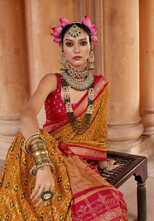Mustard Silk Blend Patola Print Classic Saree