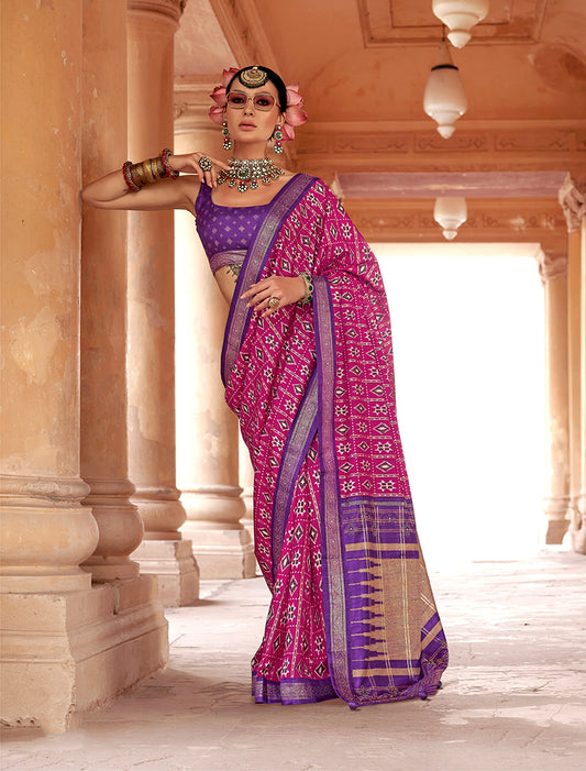 Magenta Silk Blend Patola Print Classic Saree