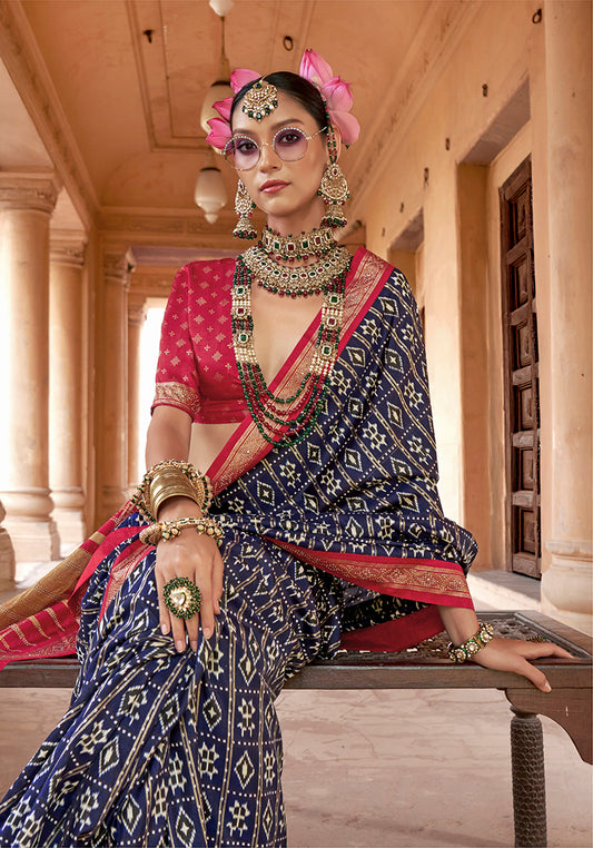 Navy Blue Silk Blend Patola Print Classic Saree