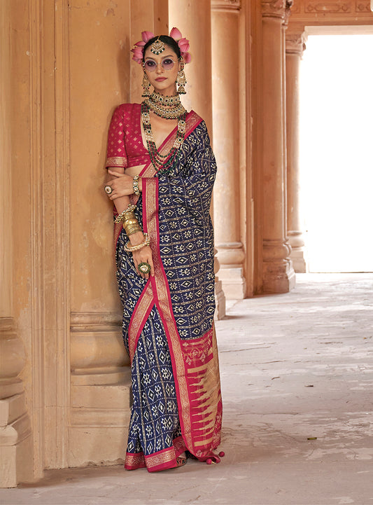 Navy Blue Silk Blend Patola Print Classic Saree