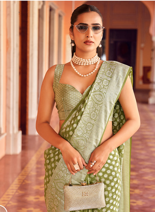 Olive Green Weaving Georgette Party Contemporary Saree