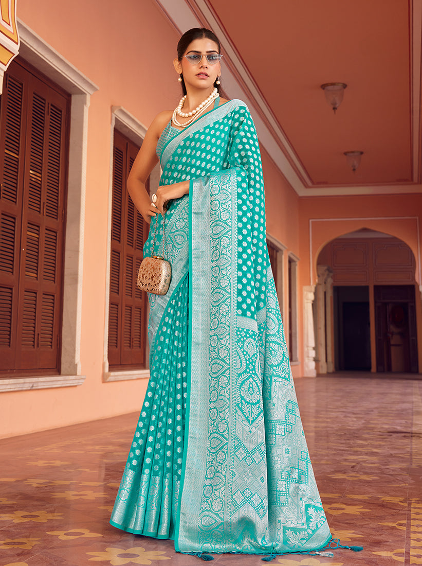 Turquoise Weaving Georgette Party Contemporary Saree