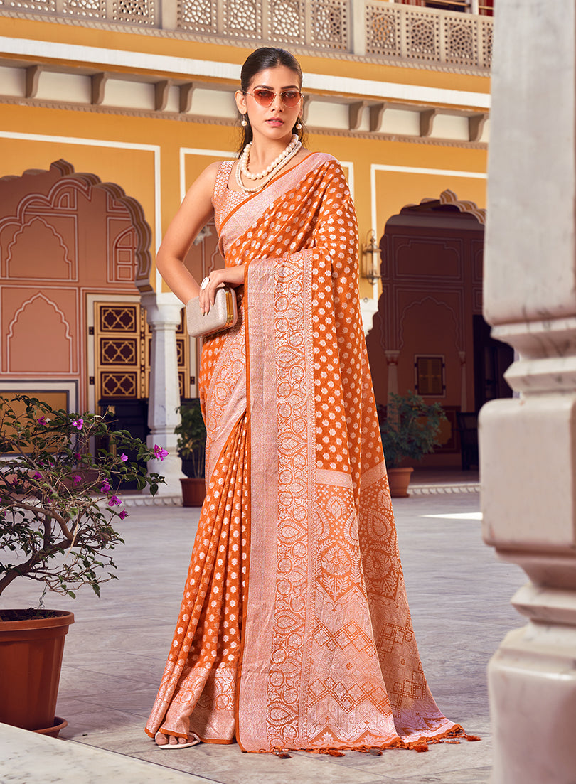 Orange And Rust Weaving Georgette Party Contemporary Saree