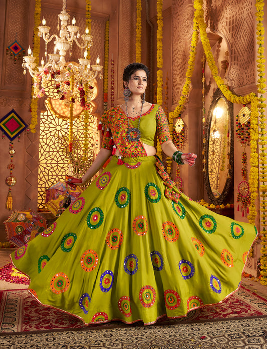 Olive Viscose Cotton Embroidered Navratri Wear Lehenga Choli