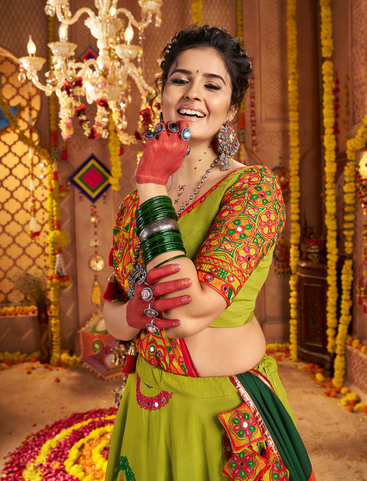 Olive Viscose Cotton Embroidered Navratri Wear Lehenga Choli