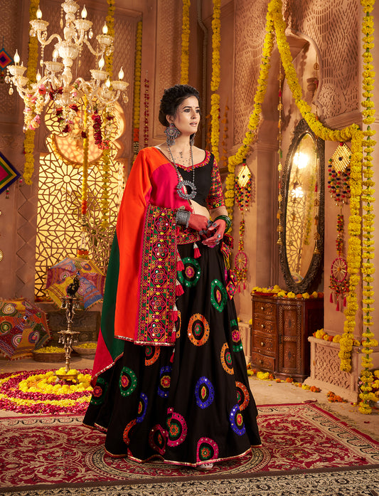 Black Viscose Cotton Embroidered Navratri Wear Lehenga Choli