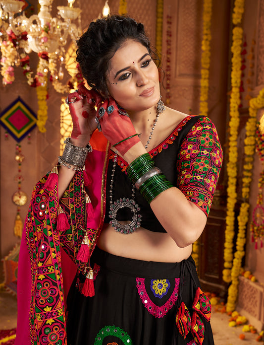 Black Viscose Cotton Embroidered Navratri Wear Lehenga Choli