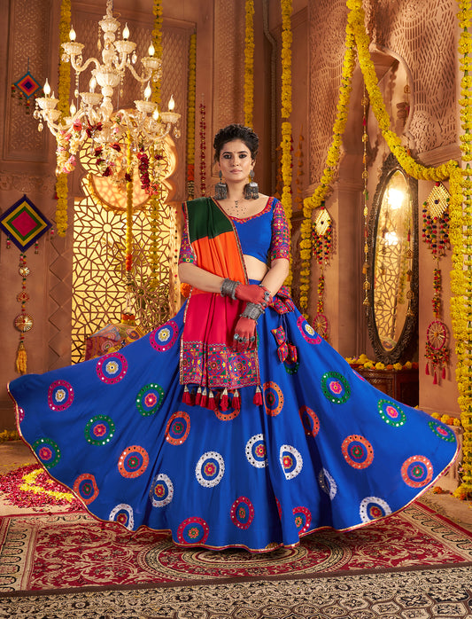 Royal Blue Viscose Cotton Embroidered Navratri Wear Lehenga Choli