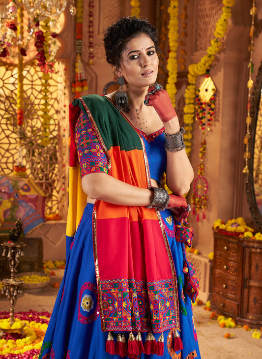Royal Blue Viscose Cotton Embroidered Navratri Wear Lehenga Choli