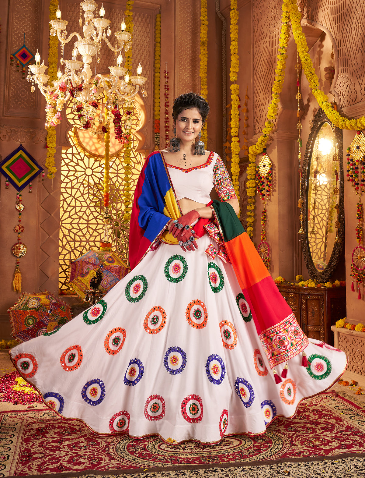 White Viscose Cotton Embroidered Navratri Wear Lehenga Choli
