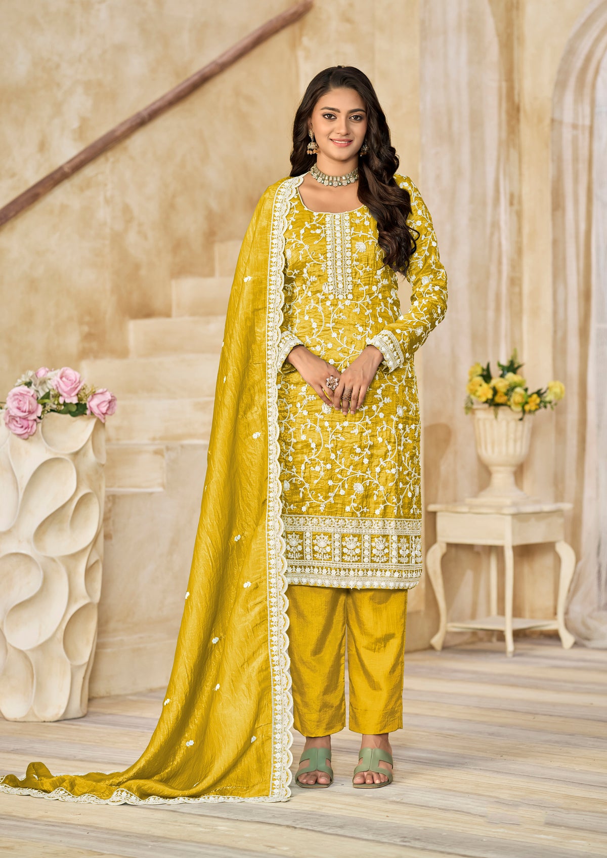 Organza Gold Crush Sequins Mustard Designer Salwar Kameez