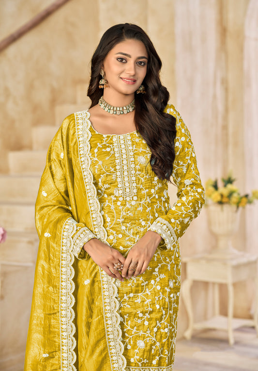 Organza Gold Crush Sequins Mustard Designer Salwar Kameez