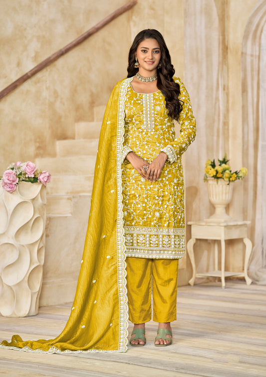 Organza Gold Crush Sequins Mustard Designer Salwar Kameez