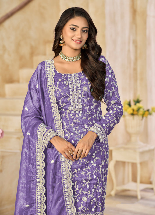 Organza Gold Crush Sequins Lavender Purple Designer Salwar Kameez