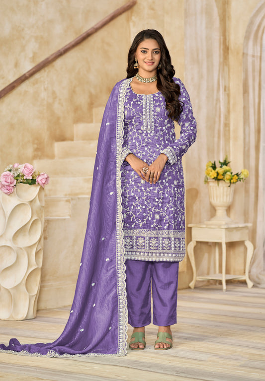 Organza Gold Crush Sequins Lavender Purple Designer Salwar Kameez