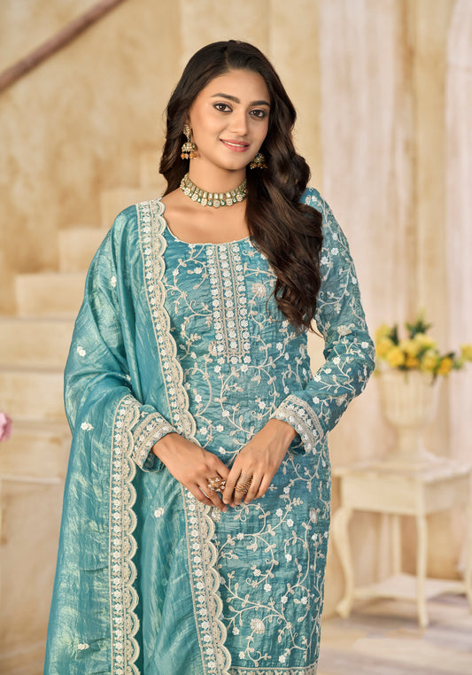 Organza Gold Crush Sequins Firozi Designer Salwar Kameez
