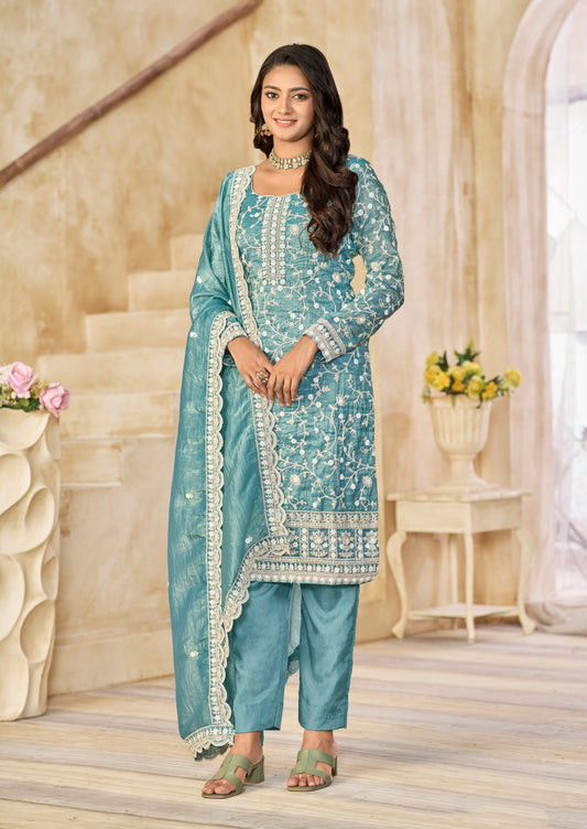 Organza Gold Crush Sequins Firozi Designer Salwar Kameez