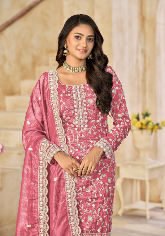 Organza Gold Crush Sequins Rose Pink Designer Salwar Kameez