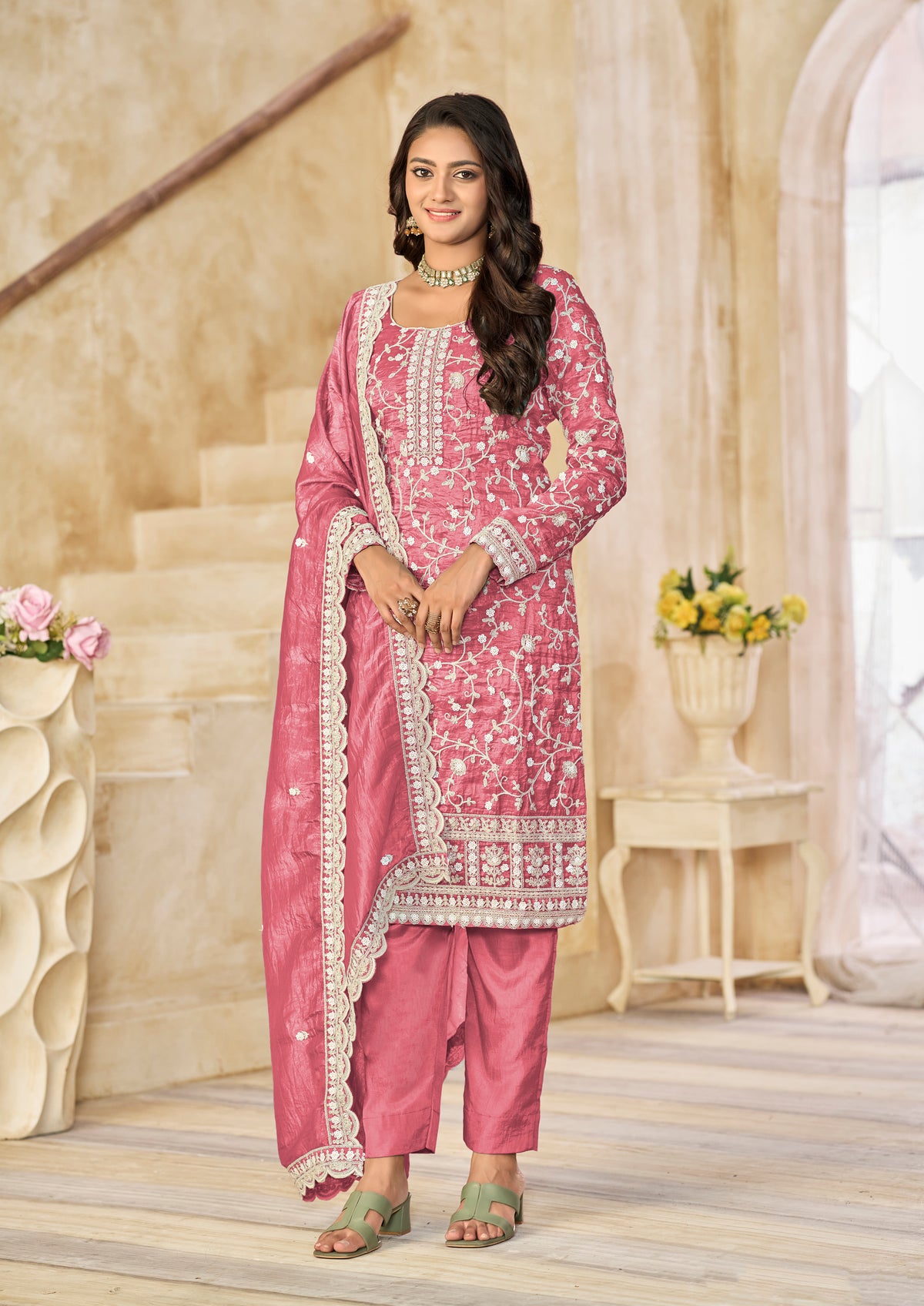 Organza Gold Crush Sequins Rose Pink Designer Salwar Kameez