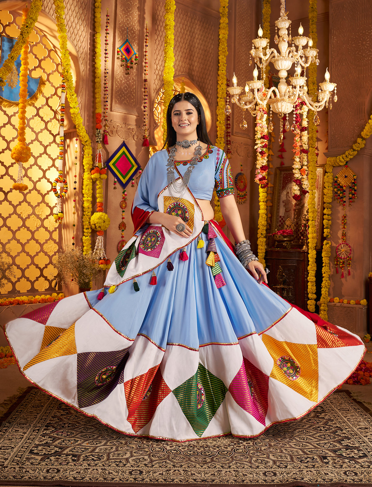 Light Blue Viscose Cotton Embroidered Navratri Wear Lehenga Choli