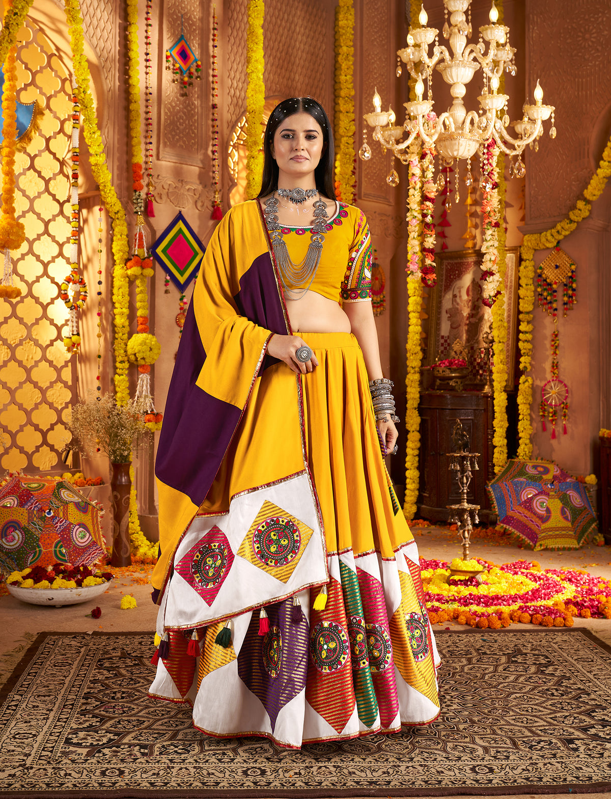 Mustard Yellow Viscose Cotton Embroidered Navratri Wear Lehenga Choli