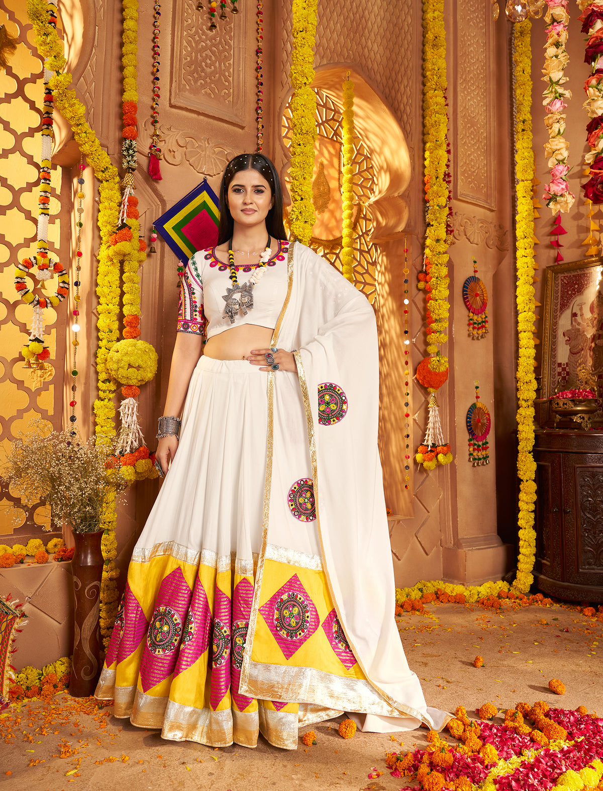 White Viscose Cotton Embroidered Navratri Wear Lehenga Choli