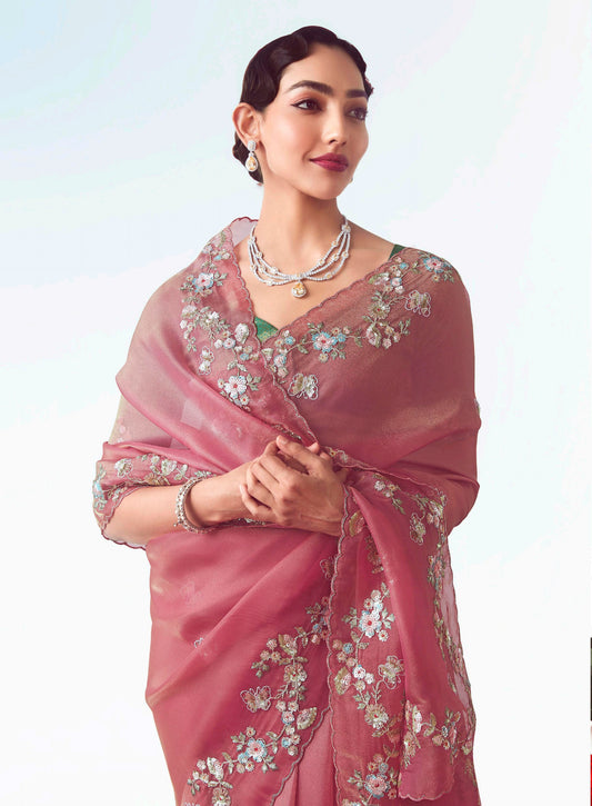 Pink Embroidered Cut Work Fancy Fabric Ceremonial Designer Saree