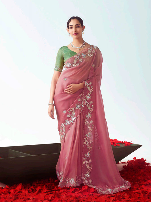 Pink Embroidered Cut Work Fancy Fabric Ceremonial Designer Saree