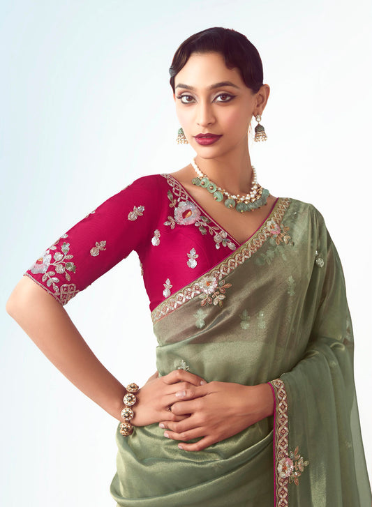 Sage Green Embroidered Cut Work Fancy Fabric Ceremonial Designer Saree