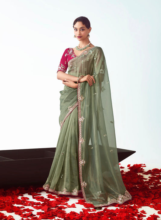 Sage Green Embroidered Cut Work Fancy Fabric Ceremonial Designer Saree
