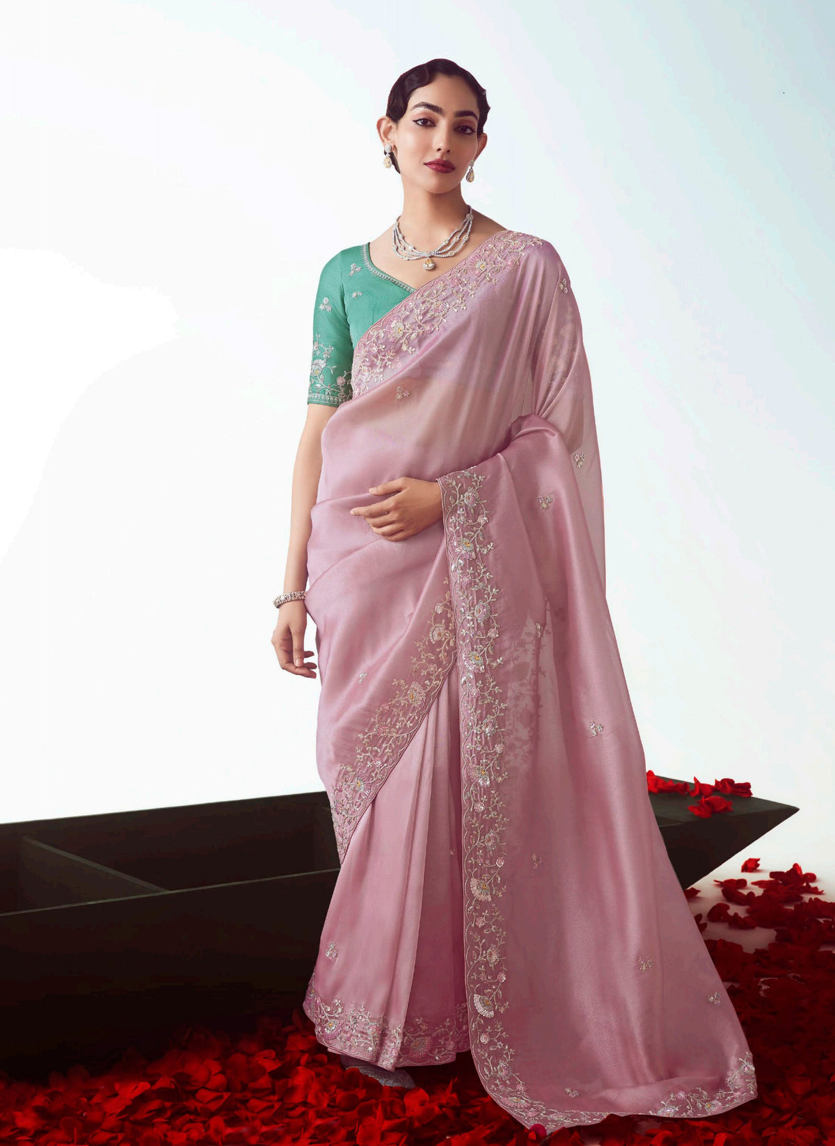 Light Pink Embroidered Cut Work Fancy Fabric Ceremonial Designer Saree