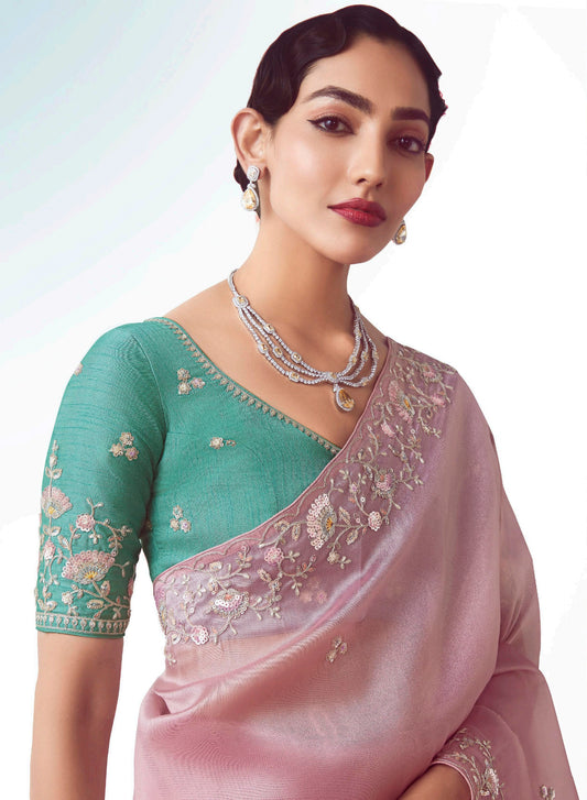 Light Pink Embroidered Cut Work Fancy Fabric Ceremonial Designer Saree