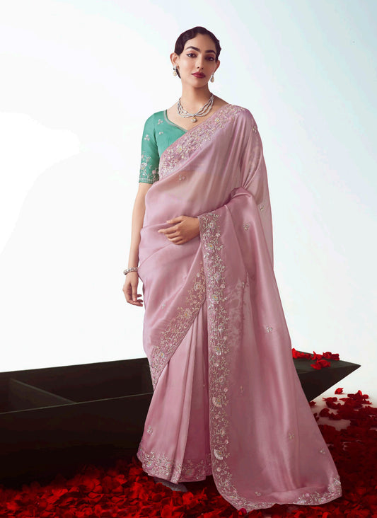 Light Pink Embroidered Cut Work Fancy Fabric Ceremonial Designer Saree