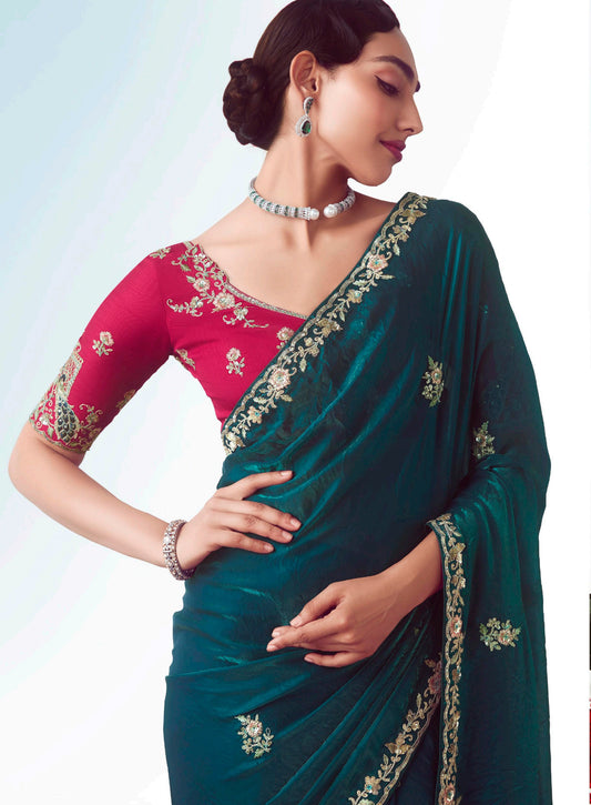 Teal Embroidered Cut Work Fancy Fabric Ceremonial Designer Saree
