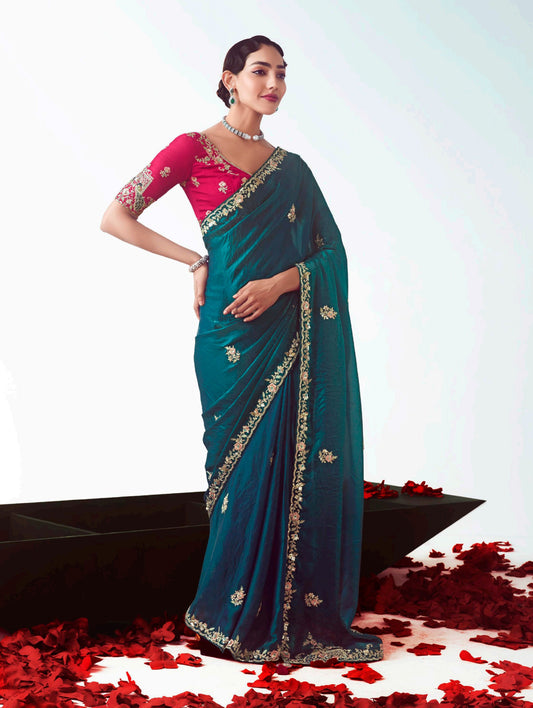 Teal Embroidered Cut Work Fancy Fabric Ceremonial Designer Saree