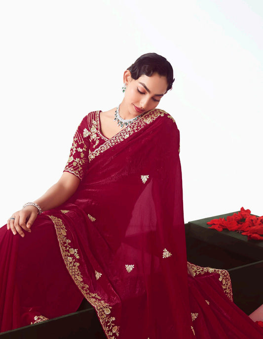 Rani Pink Embroidered Cut Work Fancy Fabric Ceremonial Designer Saree