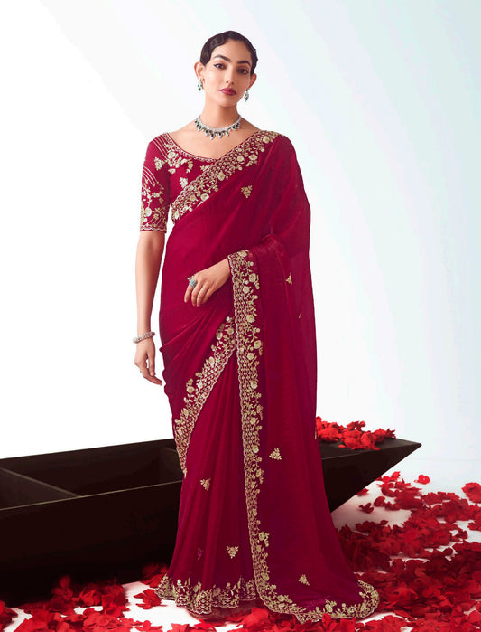 Rani Pink Embroidered Cut Work Fancy Fabric Ceremonial Designer Saree