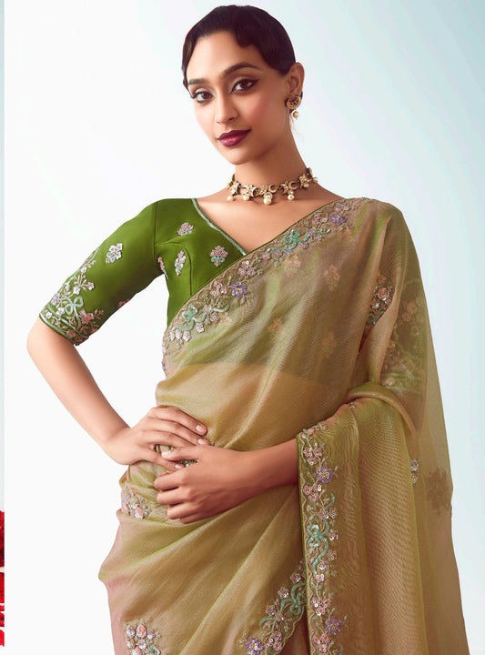 Beige Embroidered Cut Work Fancy Fabric Ceremonial Designer Saree