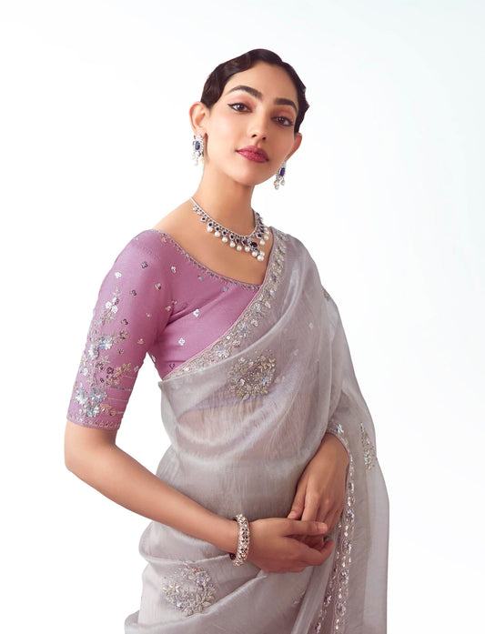 Grey Embroidered Cut Work Fancy Fabric Ceremonial Designer Saree